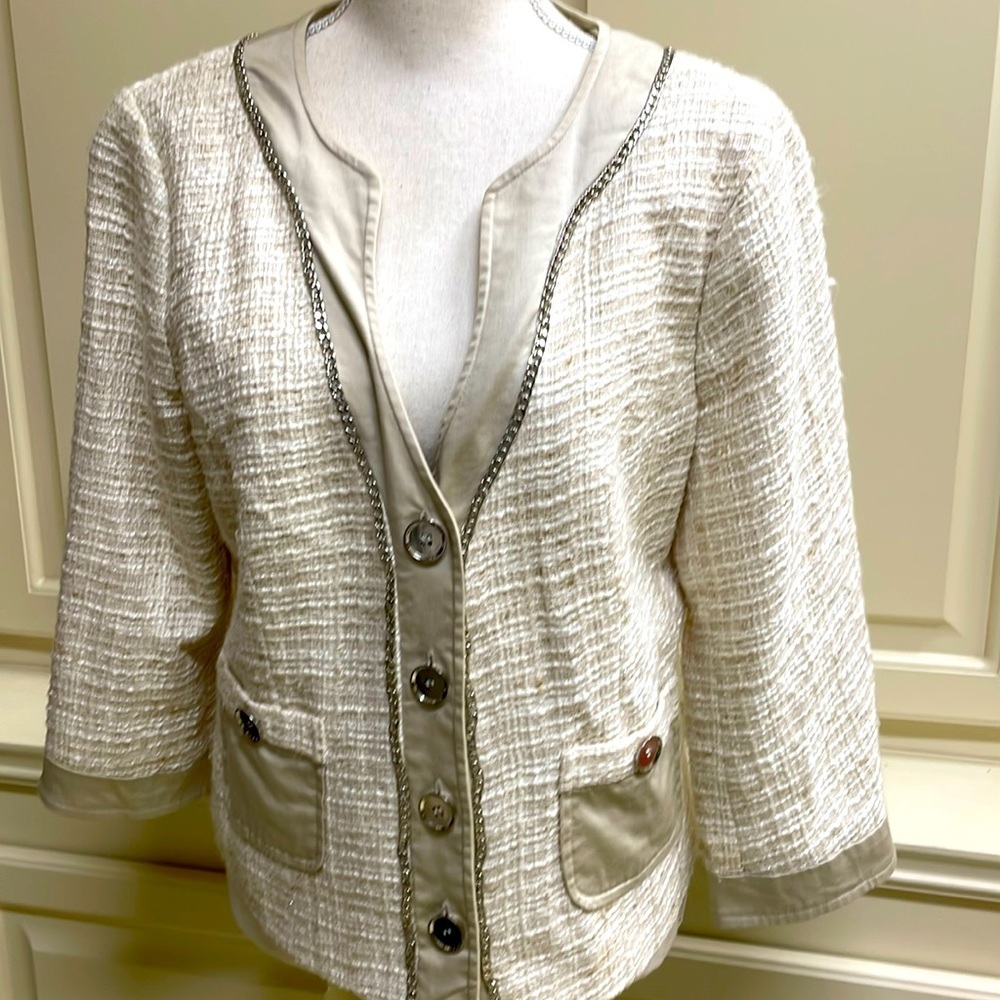 Katherine New York Cream Bouclé Blazer Jacket 3/4 Sleeve Contrast Trim - Picture 2 of 6